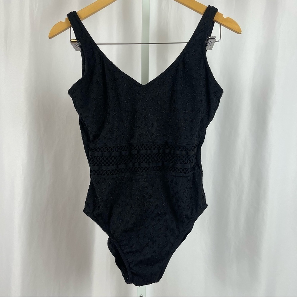 Mainstream Vintage Size 14 One Piece Mesh Textured Swimsuit V Neck Open Back